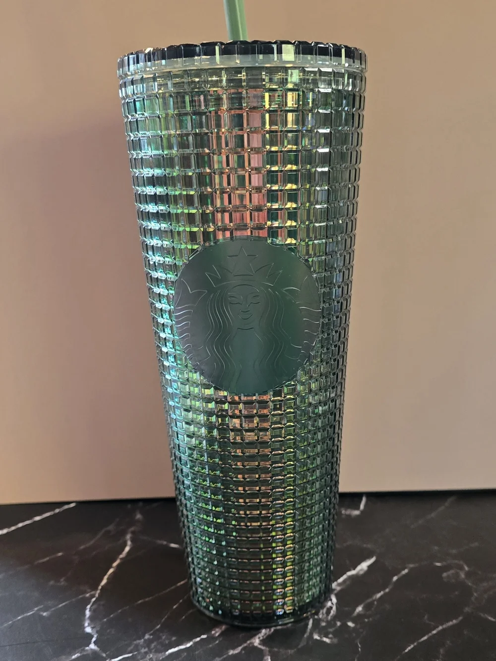 Starbucks Fall 2022 Aqua Green Rainforest Iridescent Disco Grid Venti Tumbler 24